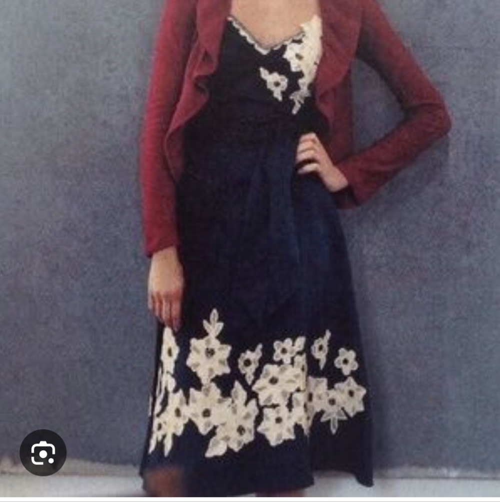 Anthropologie Odille Emily Floral Applique Tea Dress In Navy Size 4